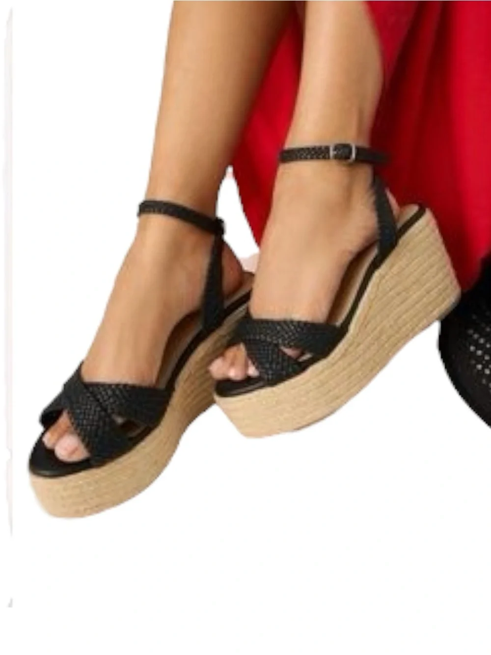 Anthropologie Black Woven Leather Ankle Strap Wedges